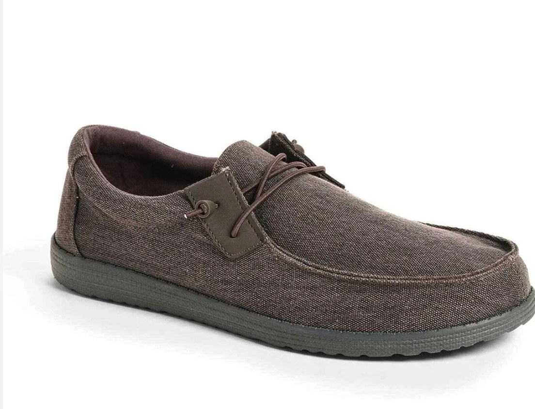 Close-up of GBX suede trail hiking shoe and canvas moc-toe slip-on displayed side by side on natural wood surface