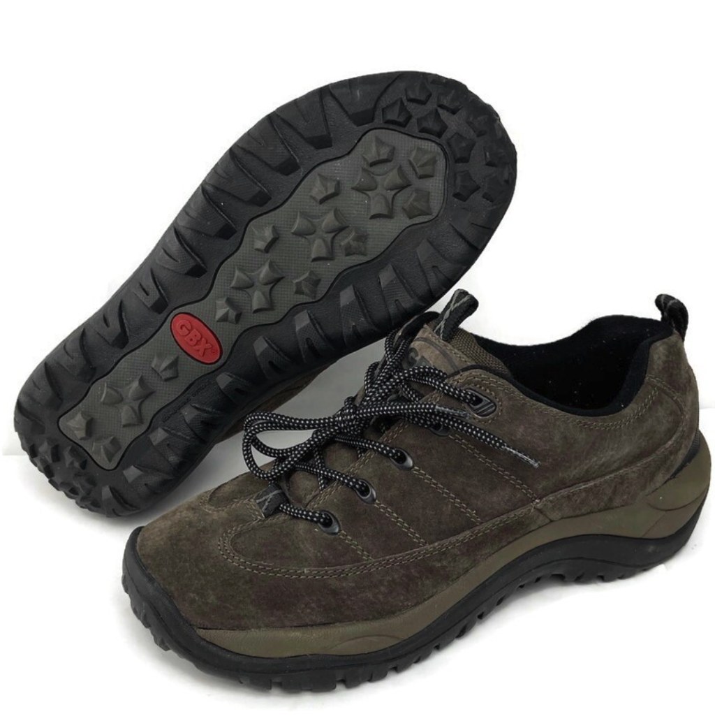 GBX olive brown suede lace-up trail hiking shoe with rugged black lug outsole, shown from side and bottom angles