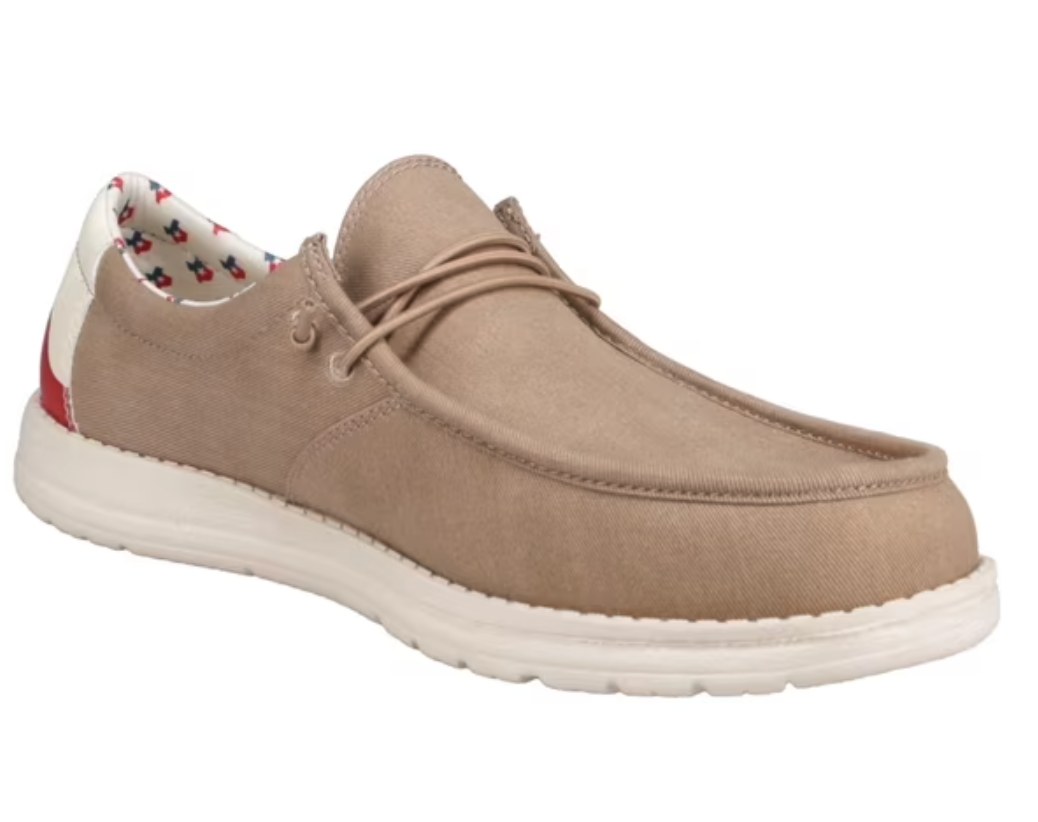 GBX tan canvas moc-toe casual shoe with red heel accent, white EVA sole, and decorative interior lining